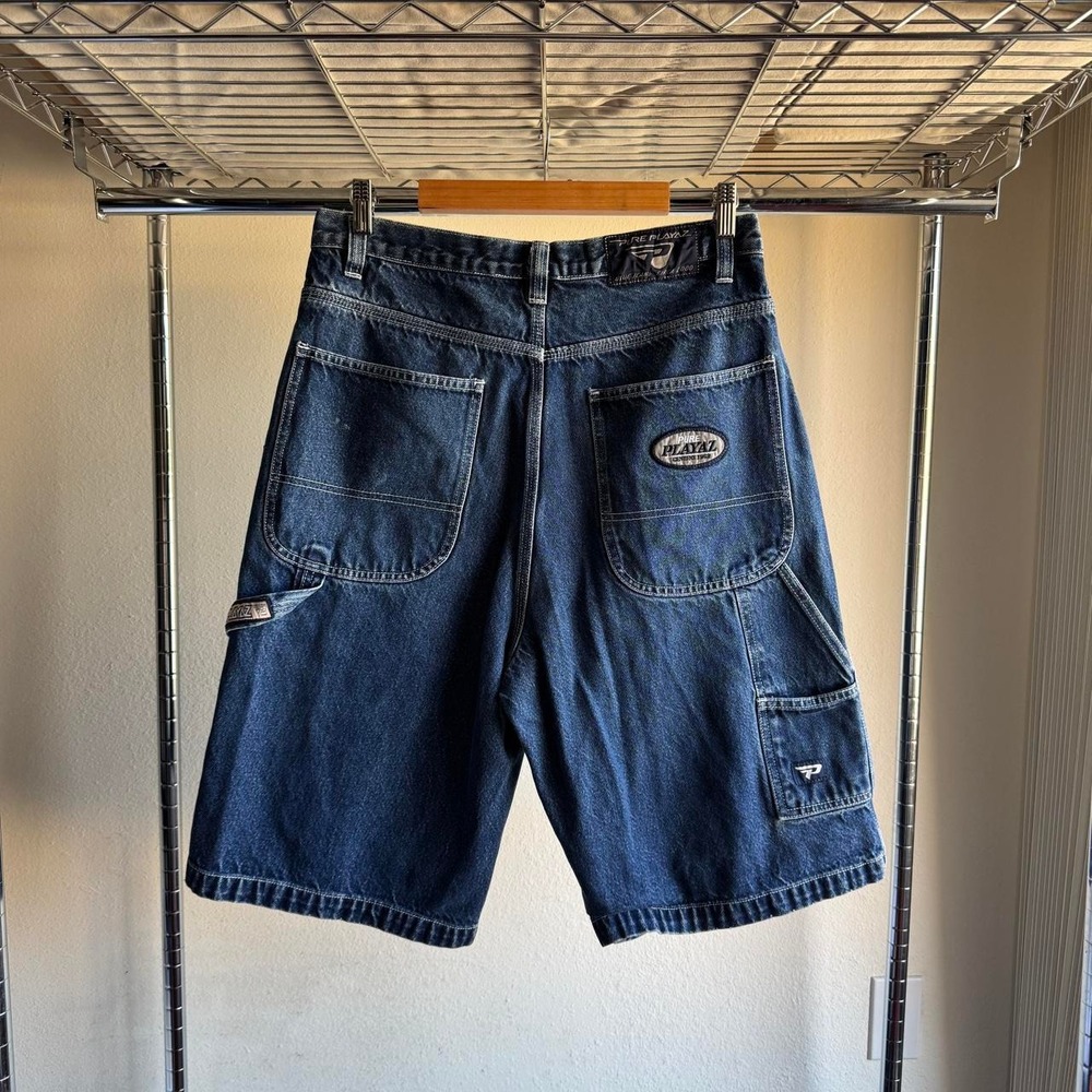 Pure Playaz Y2K Carpenter Denim Shorts Dark Wash Baggy Skater Streetwear 32x12